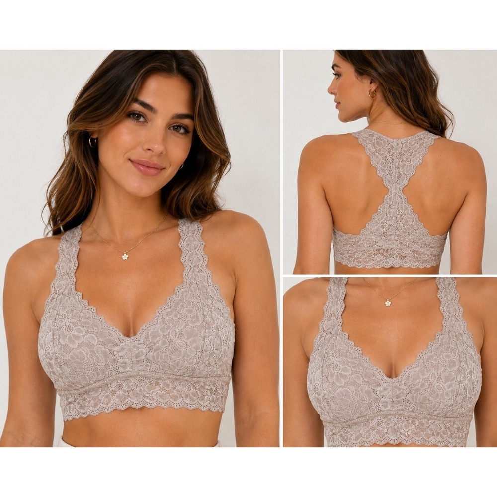 Felina Lace Bralette Womens XL Beige Taupe Racerback Floral Wireless Bra